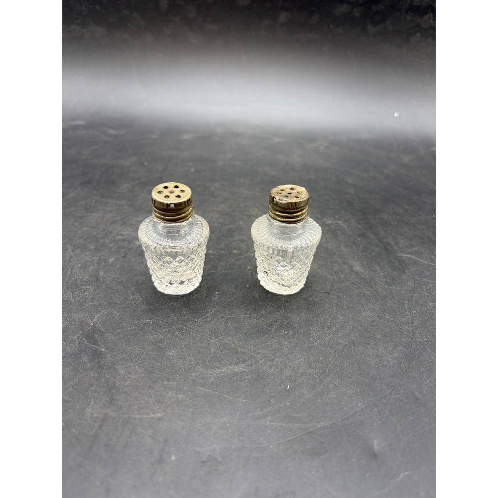 Vintage Miniature Diamond Point Pressed Glass Salt and Pepper Shakers Metal Lids